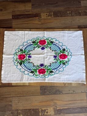 Vintage Floral Cross Stitch Table Scarf/Runner